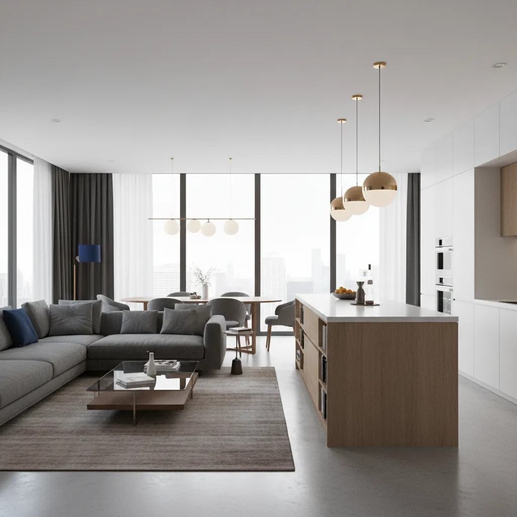 Modern open living room with grey sofa wooden kitchen island gold ceiling lights and city view