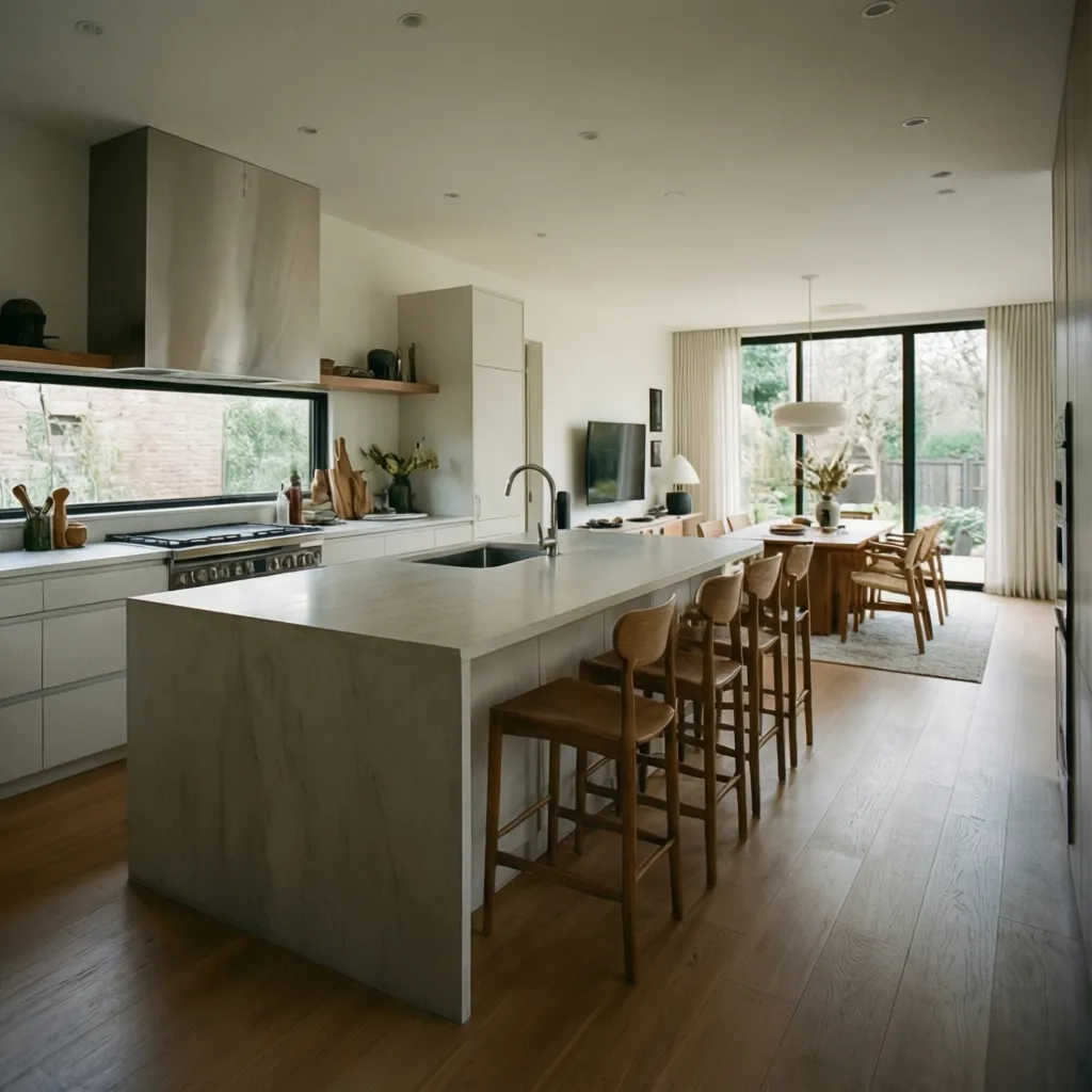 Modern kitchen view with large island, wooden stools, sink, dining table, and black frame windows