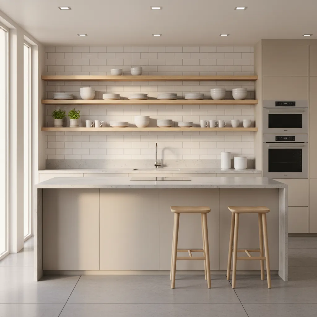 open kitchen shelves displaying neatly stacked plates and bowls