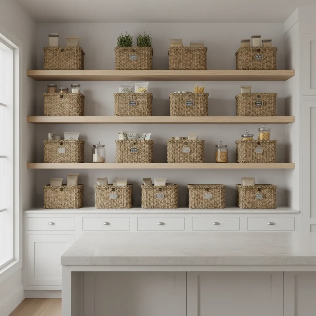 Open kitchen shelves organized with woven decorative storage baskets
