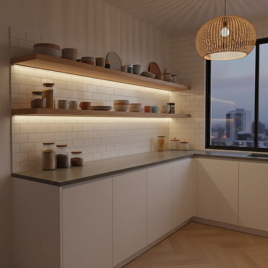 open kitchen shelves illuminated with warm LED lighting