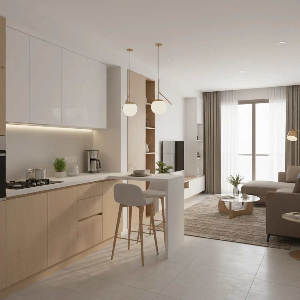 open kitchen layout in a compact 1 BHK apartment connecting to living room