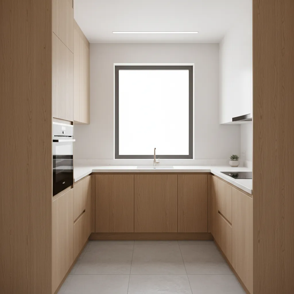 Modern kitchen layout with light wood cabinets white countertops sink window and grey tiled floor