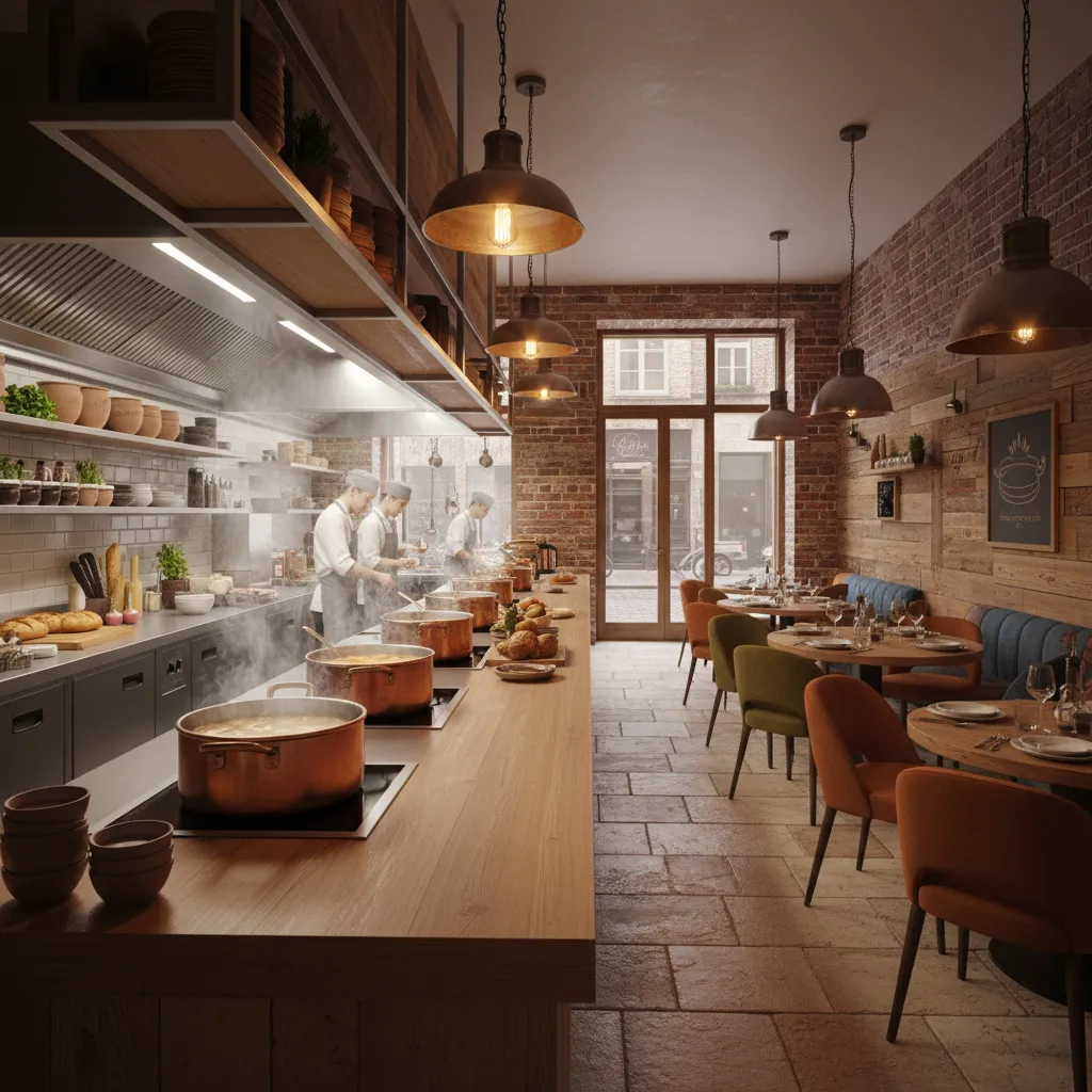 Open kitchen soup restaurant with visible cooking area and dining space