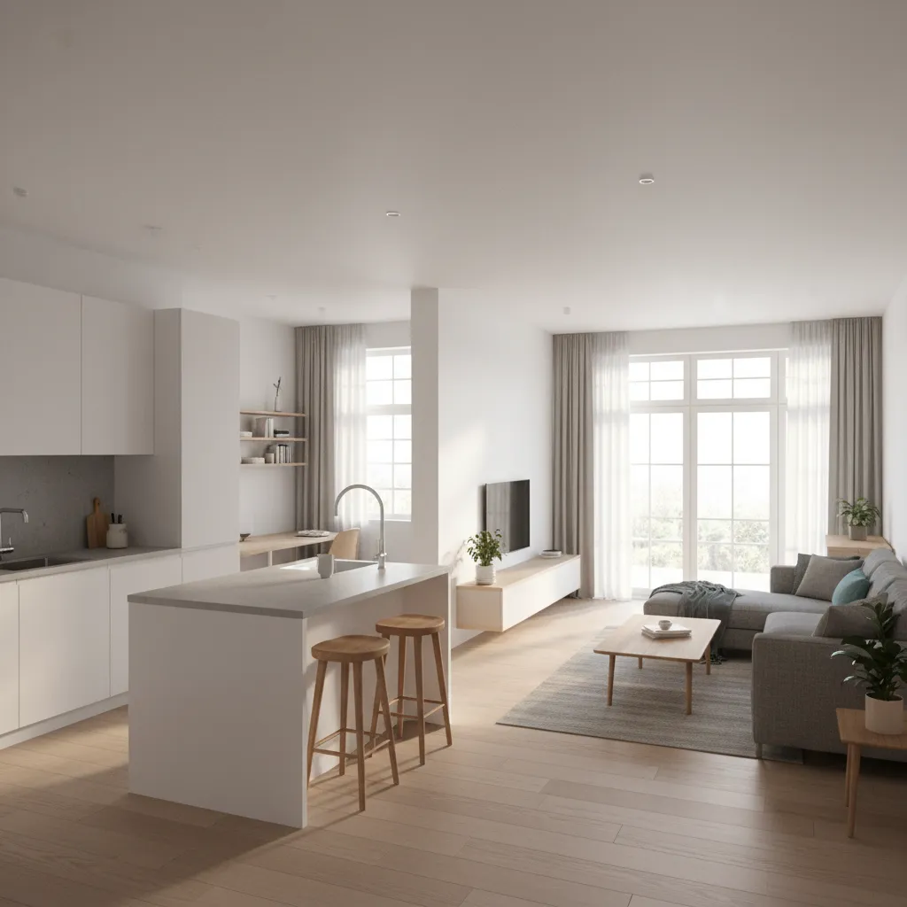 open kitchen connected to living room in a small two bedroom house