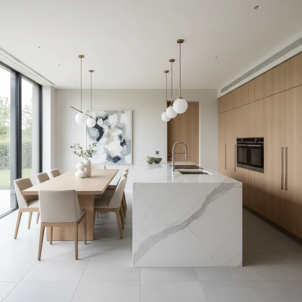 Cocina moderna con isla en una casa de dos niveles