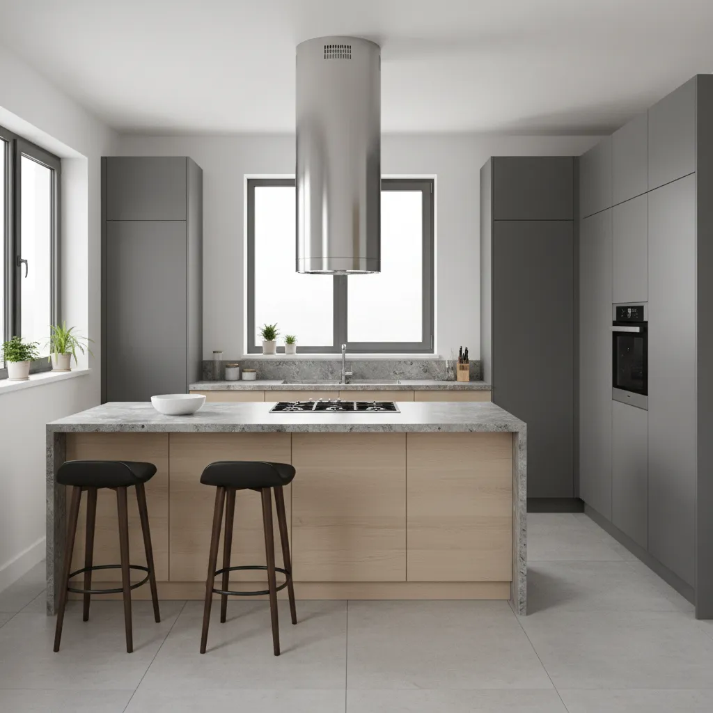Modern open kitchen with large range hood ventilation system