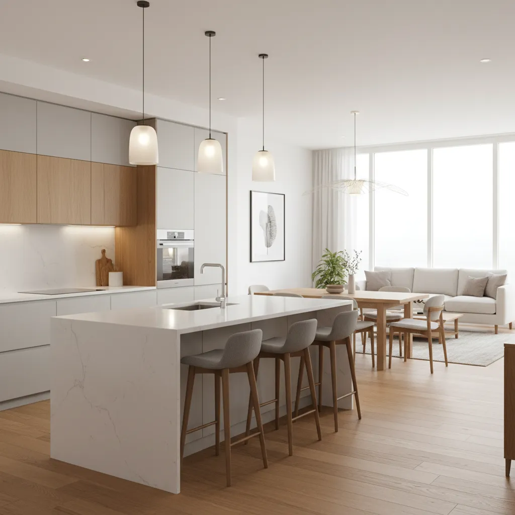 Modern open kitchen with large island after wall removal