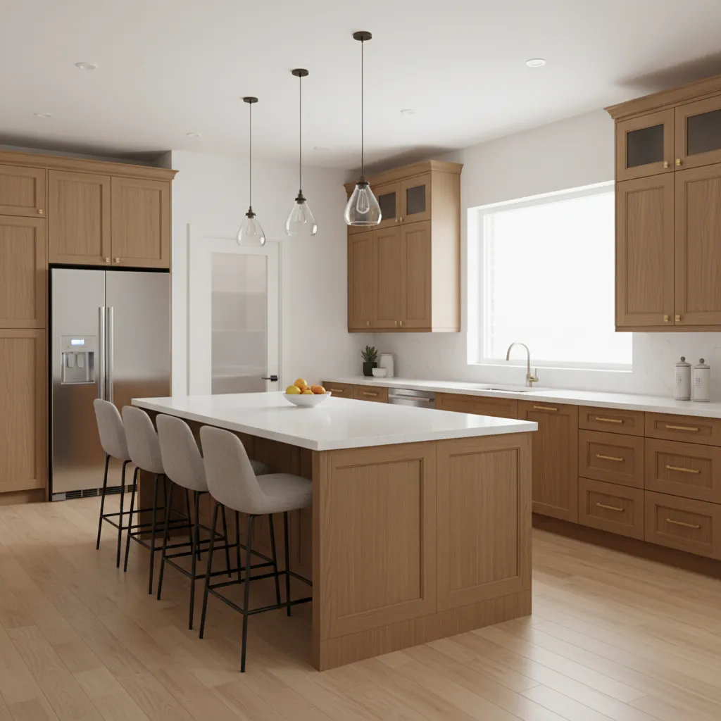 Open concept kitchen with large island and walk in pantry entrance