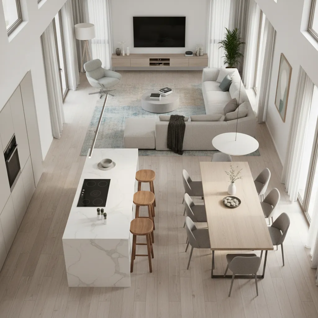 High angle view of open kitchen dining area living room with wooden table grey sofa