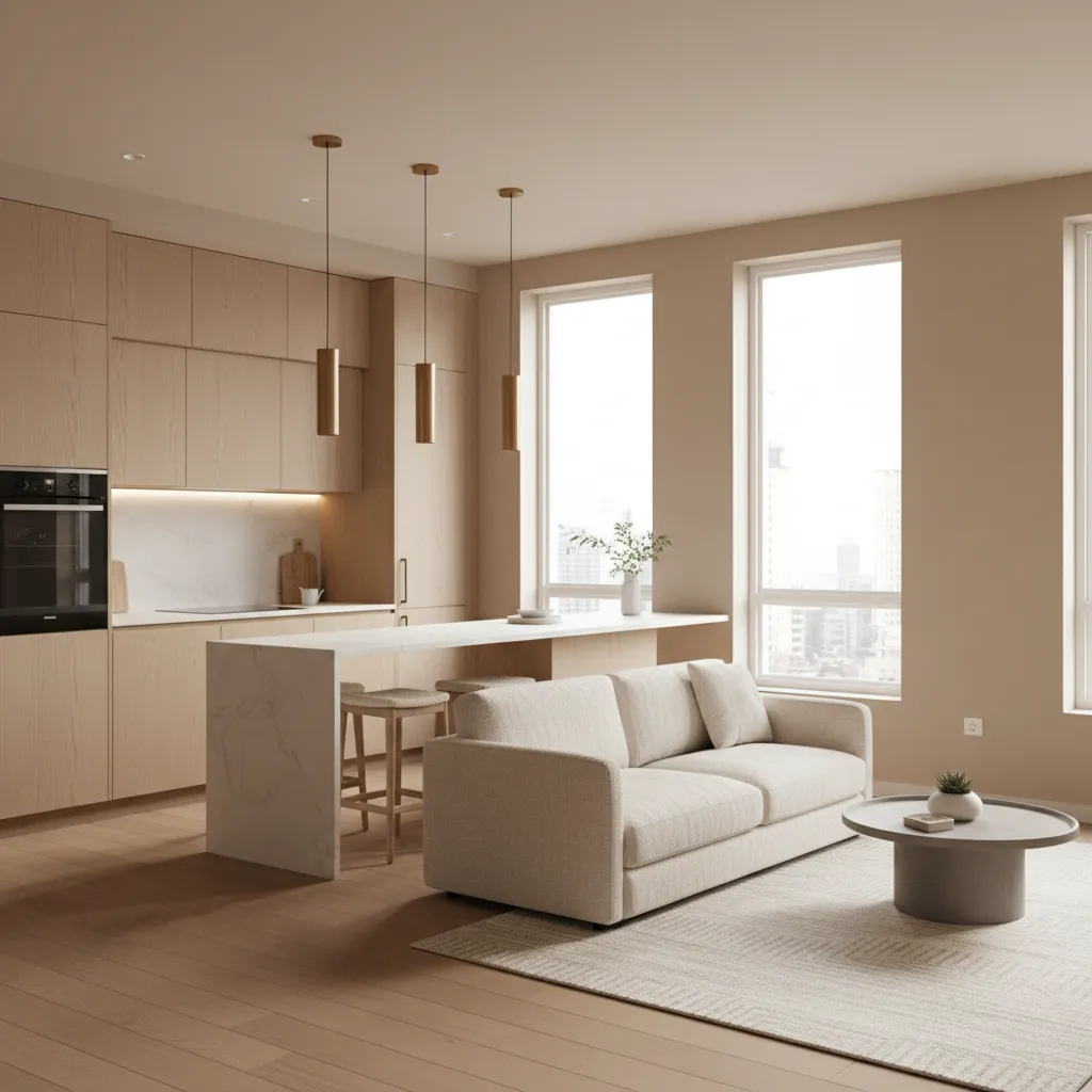 Open kitchen zoning using pendant lights and furniture placement