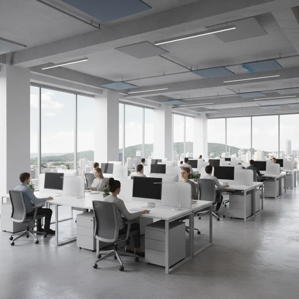large landscape office with rows of open workstations