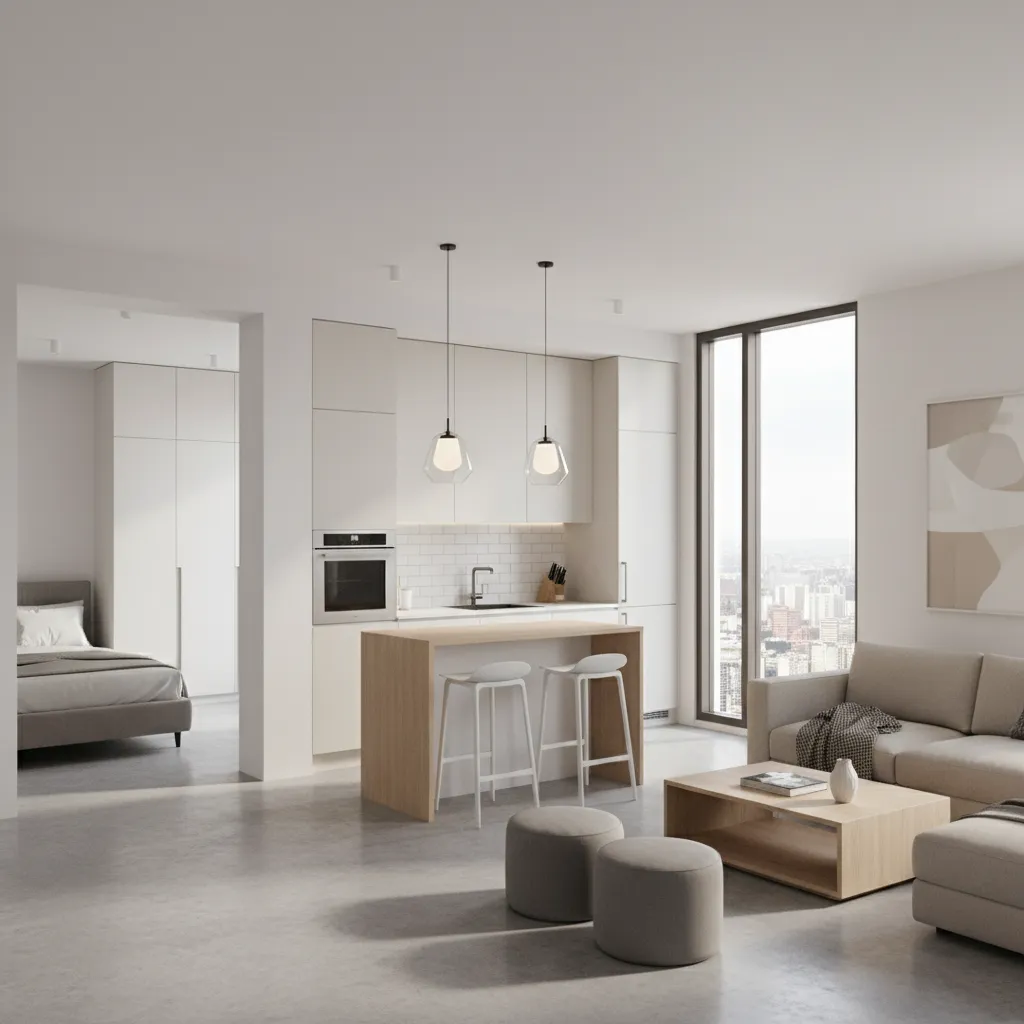 Open layout 1 BHK apartment with kitchen connected to living room