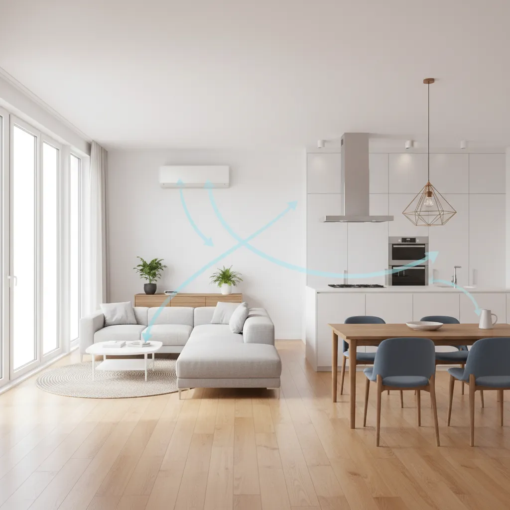 Open plan living and dining layout showing airflow distribution from air conditioner