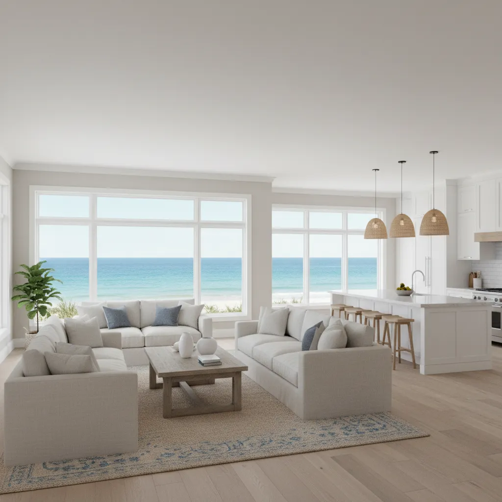 Modern coastal living room with white sofas wooden coffee table kitchen island and sea view