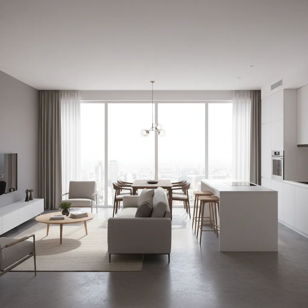 Open living and dining layout in a compact 4 BHK apartment