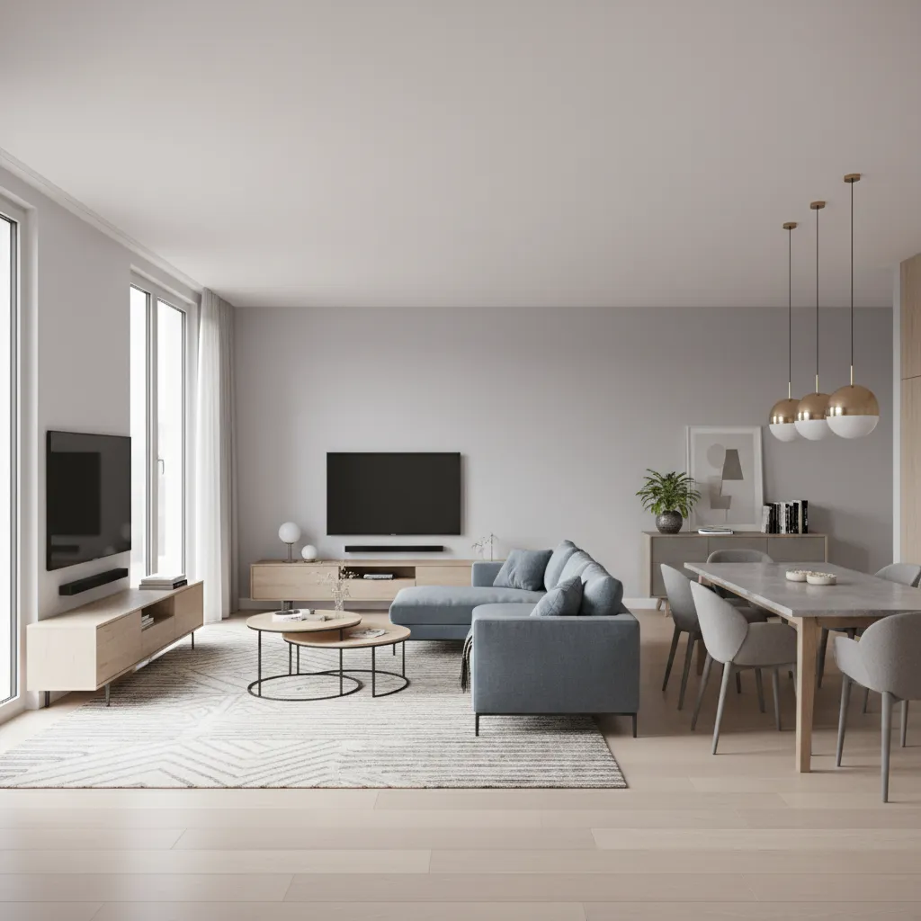 Open living room and dining layout with rug zoning and balanced furniture arrangement