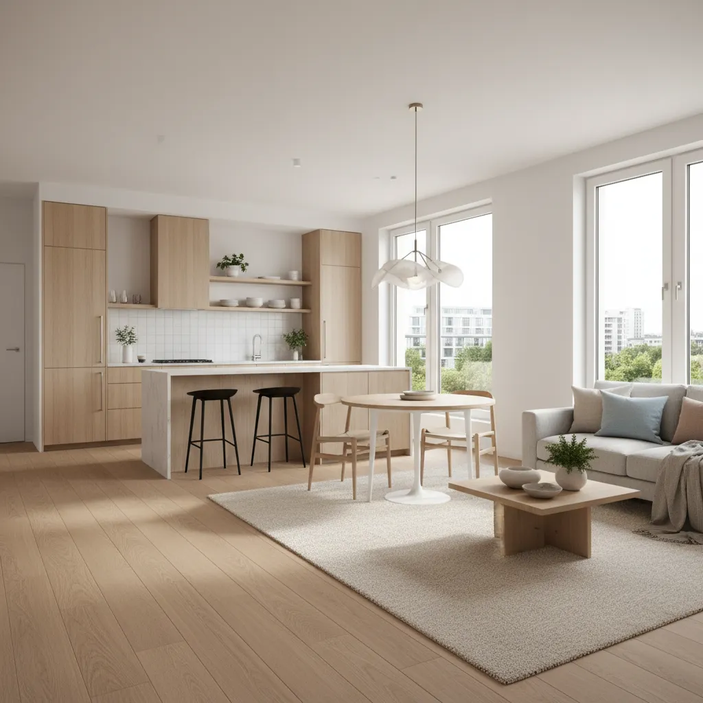 Espacio abierto de sala, comedor y cocina en una casa moderna