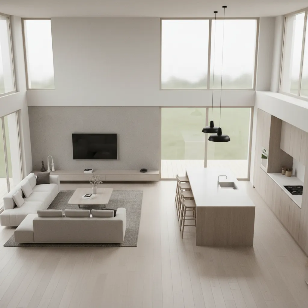 Open concept floor layout showing remodeled living room and kitchen connection