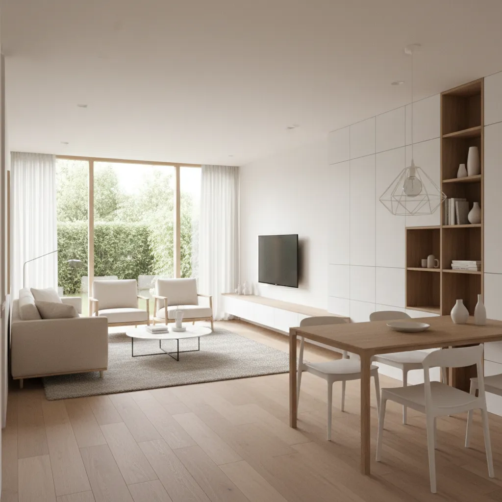 Interior open layout ruang tamu dan ruang makan rumah kecil