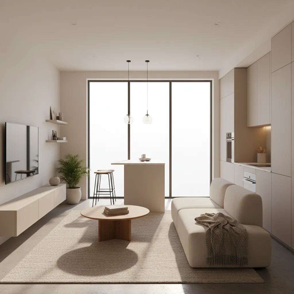 Interior rumah kecil dengan ruang tamu dan dapur terbuka