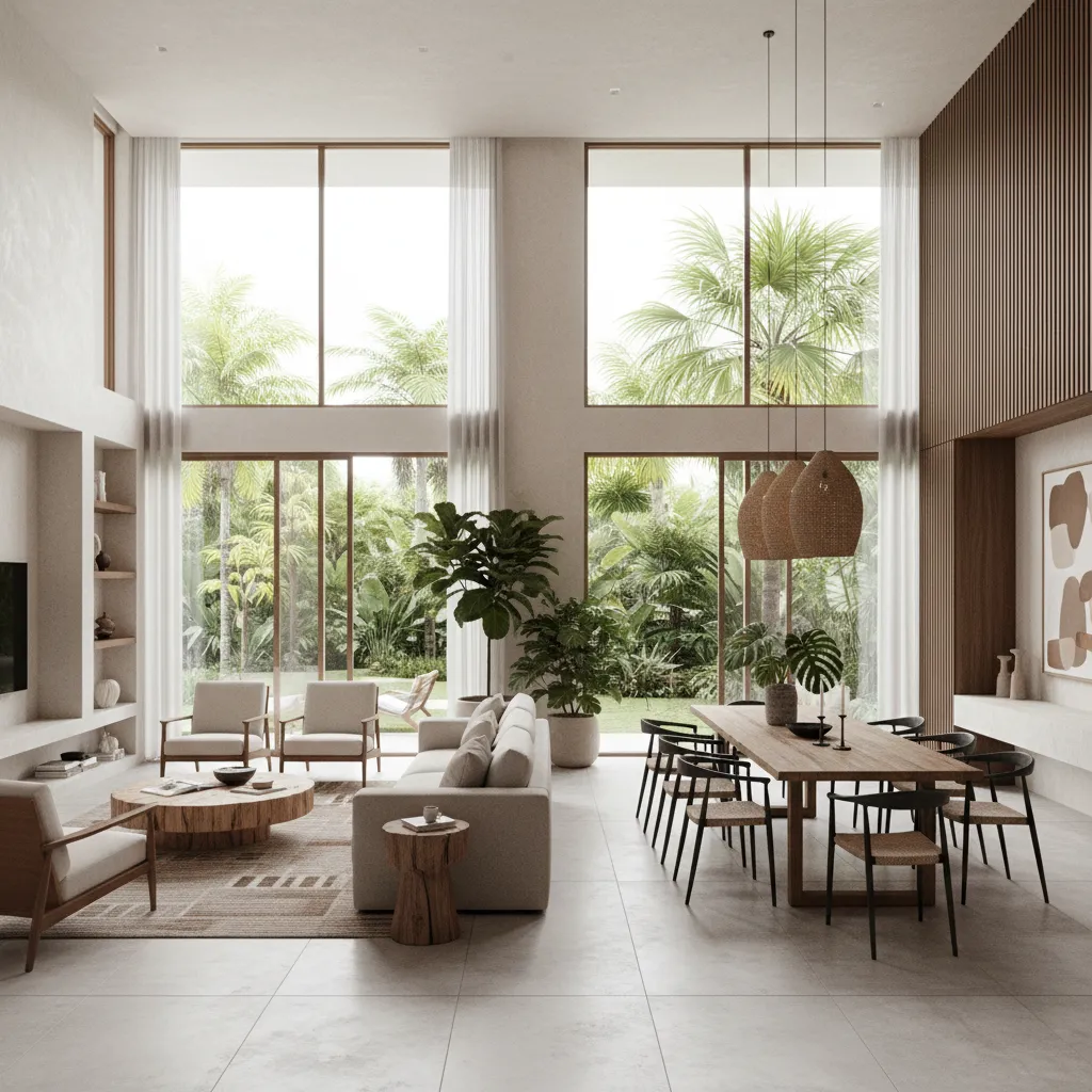 Interior rumah dengan konsep ruang terbuka ruang tamu dan ruang makan