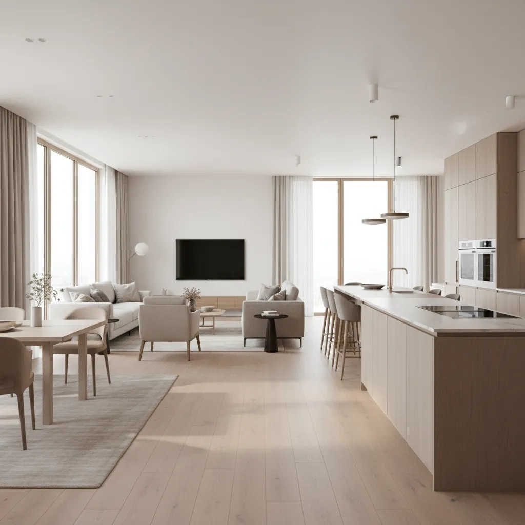 Open layout living room and kitchen with wide walking paths designed for senior accessibility
