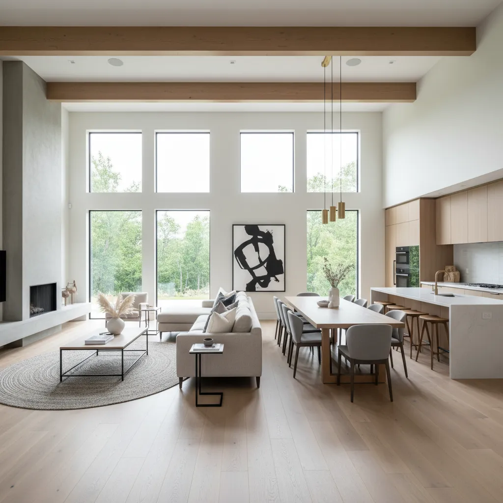 interior de casa de un nivel con sala comedor y cocina integrados