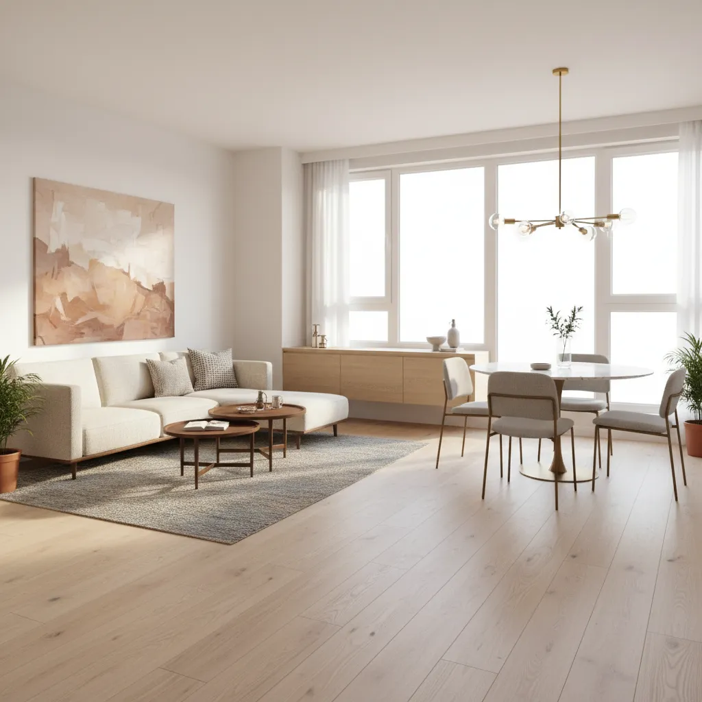 Open layout living and dining space in a small 1 BHK apartment