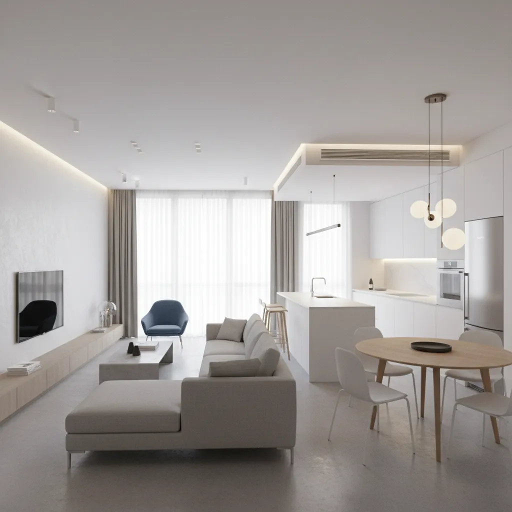 Open layout design connecting living room and dining space in a compact apartment