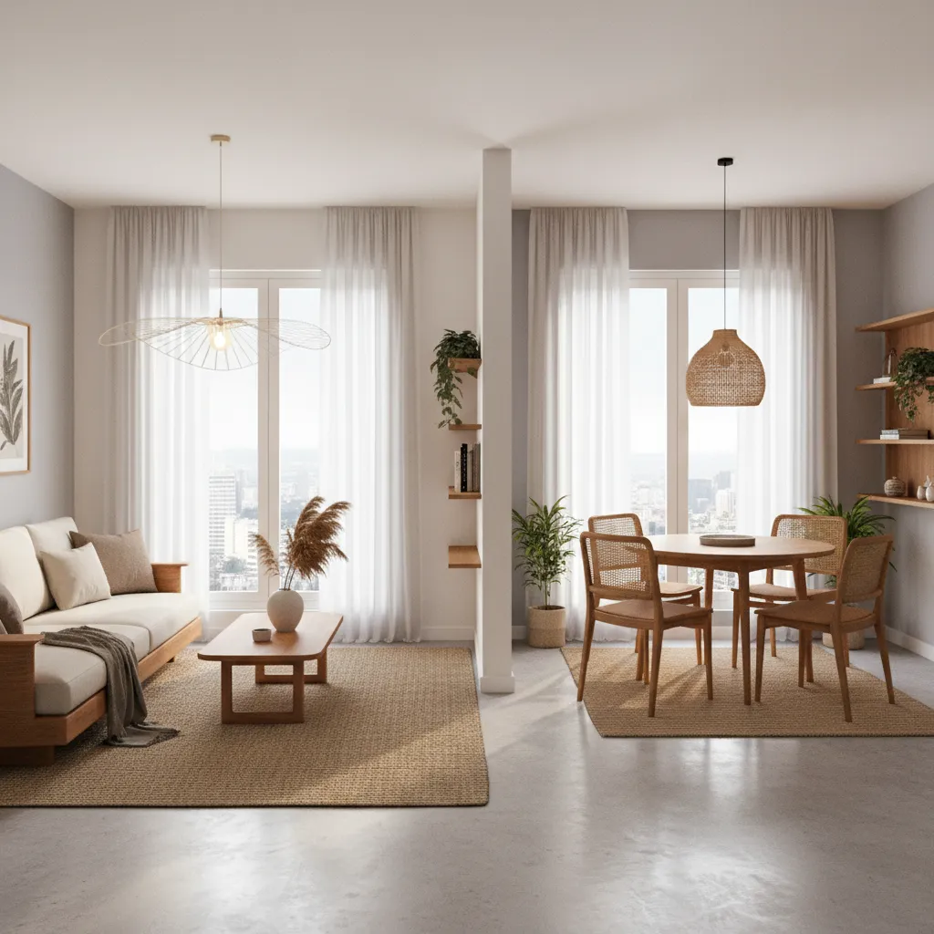 Open layout zoning in a small 1 BHK apartment living and dining area