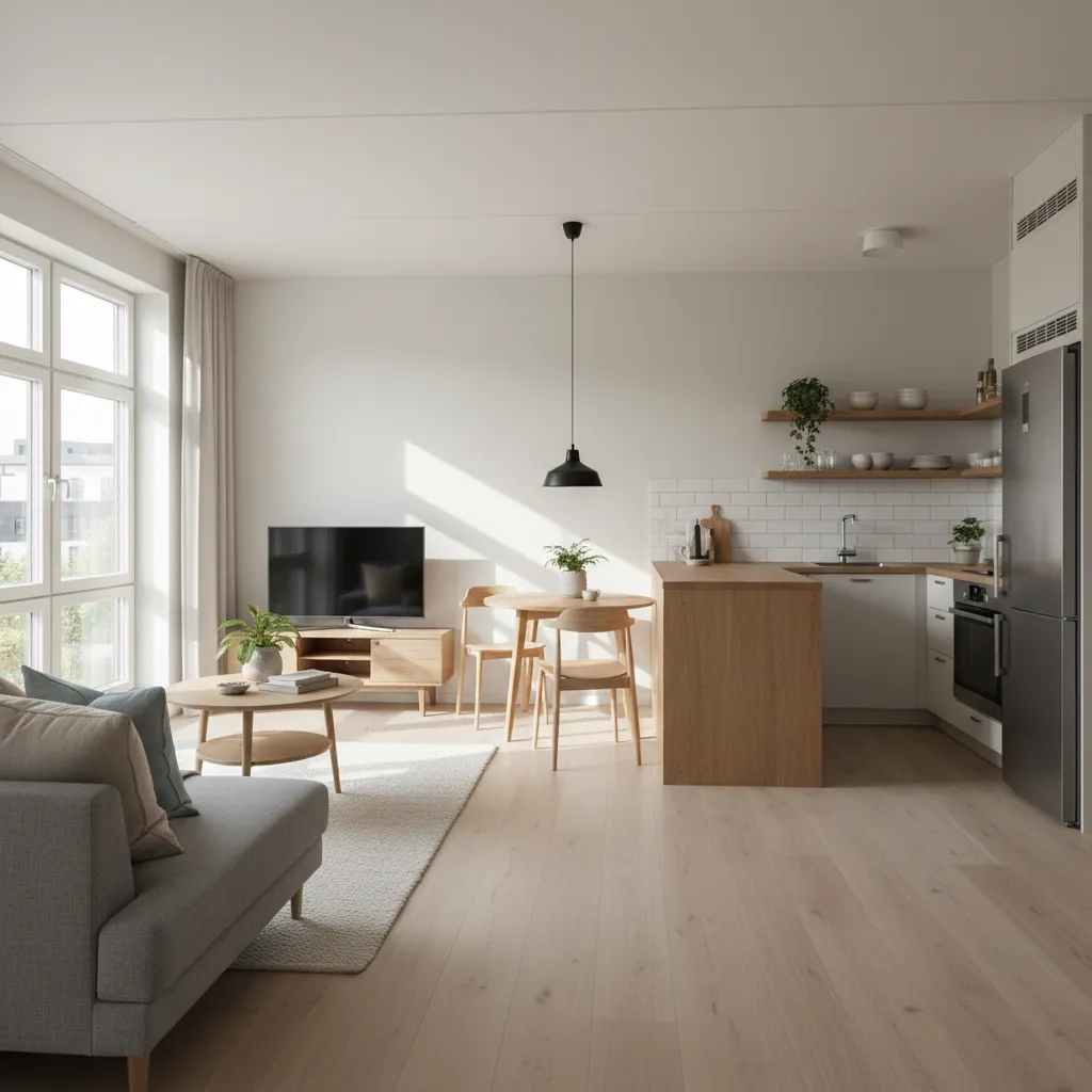 Salón y cocina integrados en una vivienda pequeña