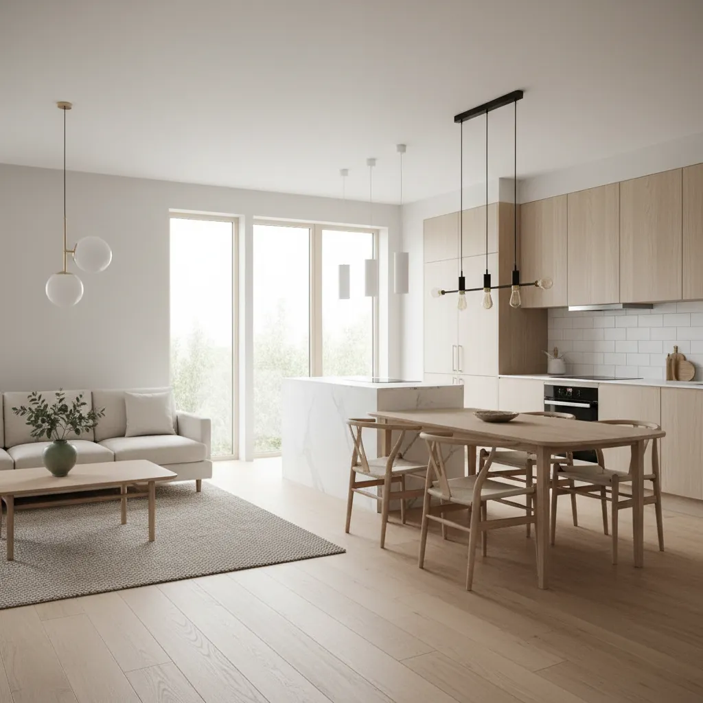 Sala y cocina integradas en una casa pequeña moderna