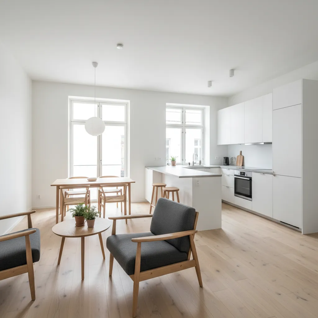 Casa pequeña con sala, comedor y cocina integrados en un solo espacio