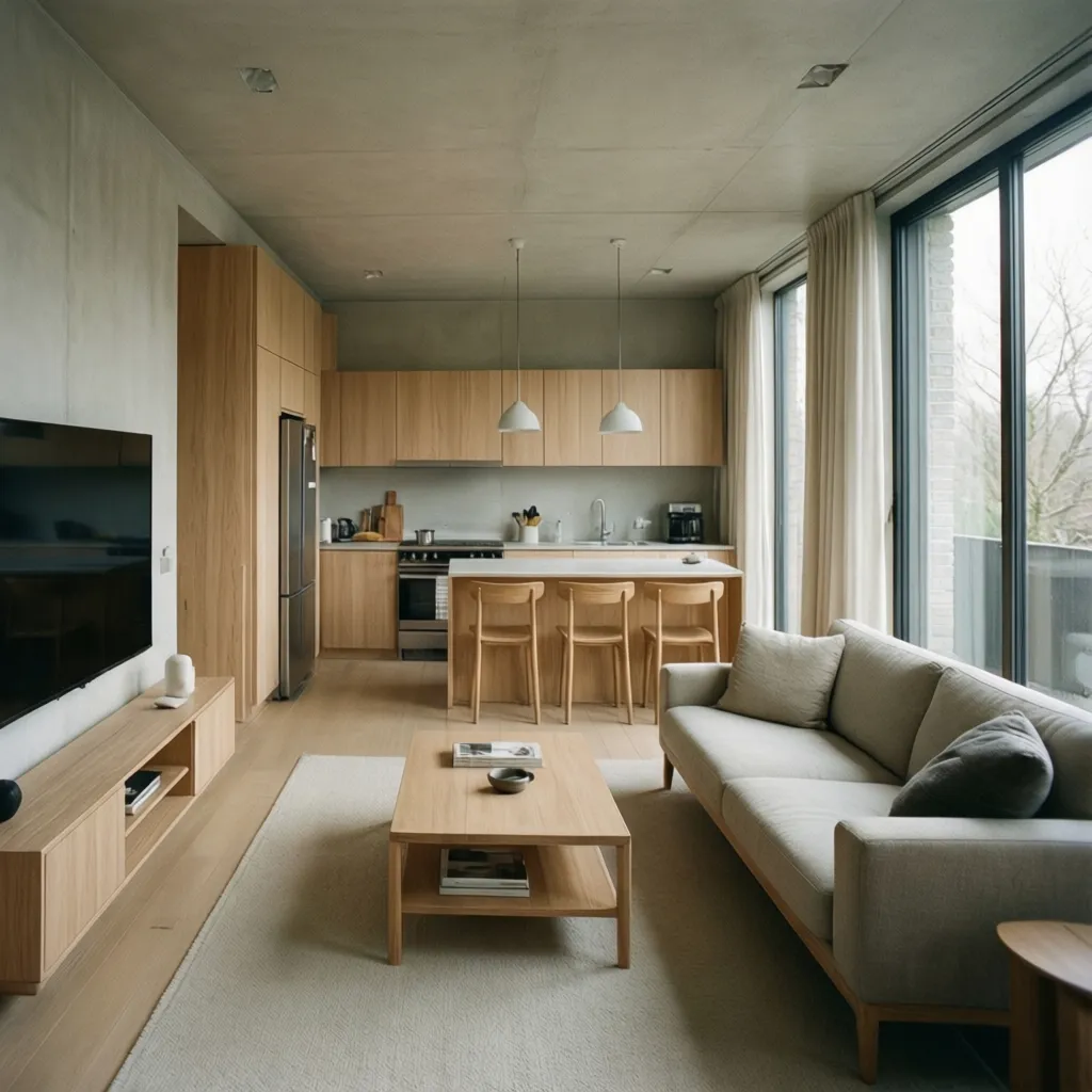 Sala y cocina integradas en una casa pequeña moderna