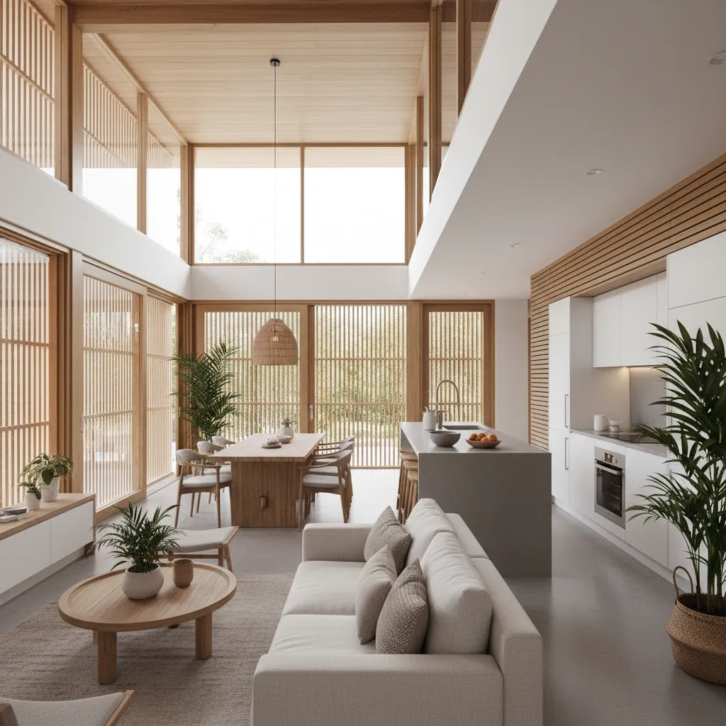 Interior de casa pequeña con sala comedor y cocina integrados