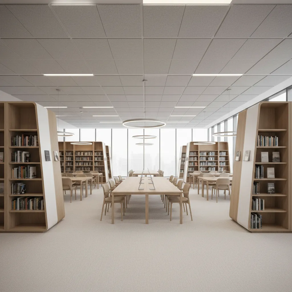 Open concept library reading area with acoustic ceiling panels