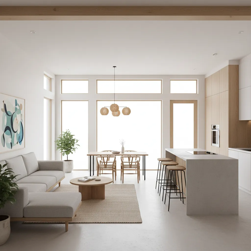open concept living dining kitchen area inside small three bedroom single story house