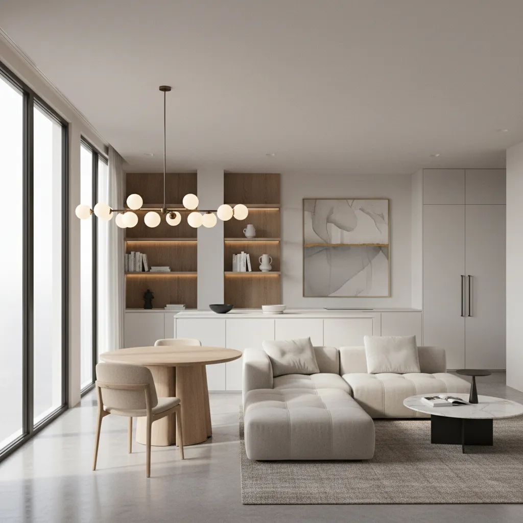 Open living dining layout in a compact 1 BHK apartment