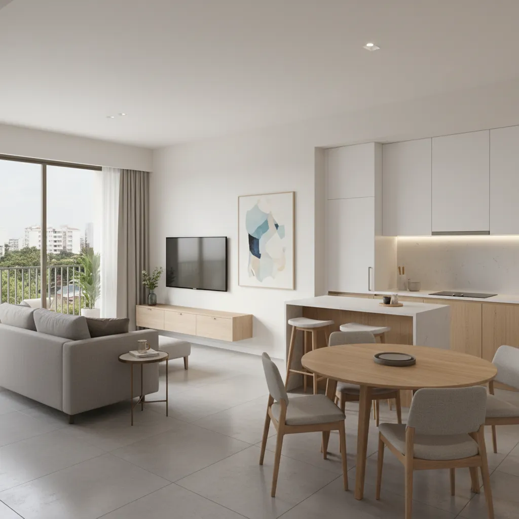Open living and dining layout in a modern 2 BHK Hebbal apartment
