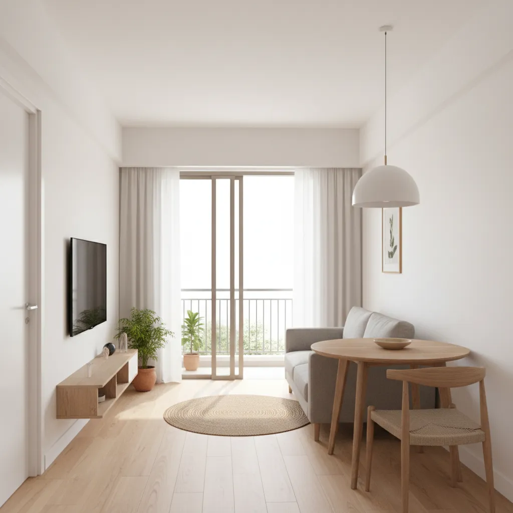 Open living dining layout for a compact 2 BHK apartment