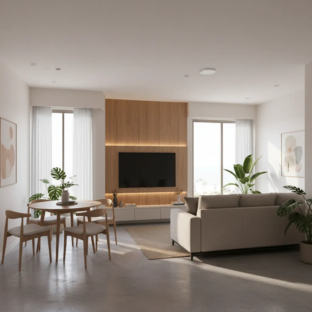 Open living and dining layout in a modern 2 BHK apartment