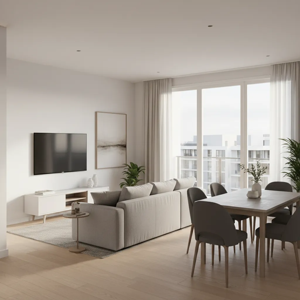 Open living and dining layout in a modern 3 BHK apartment