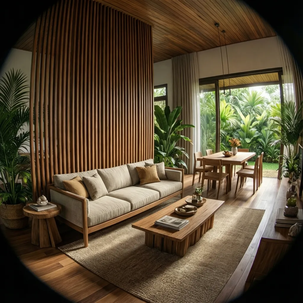 Open living and dining area with wooden slat divider