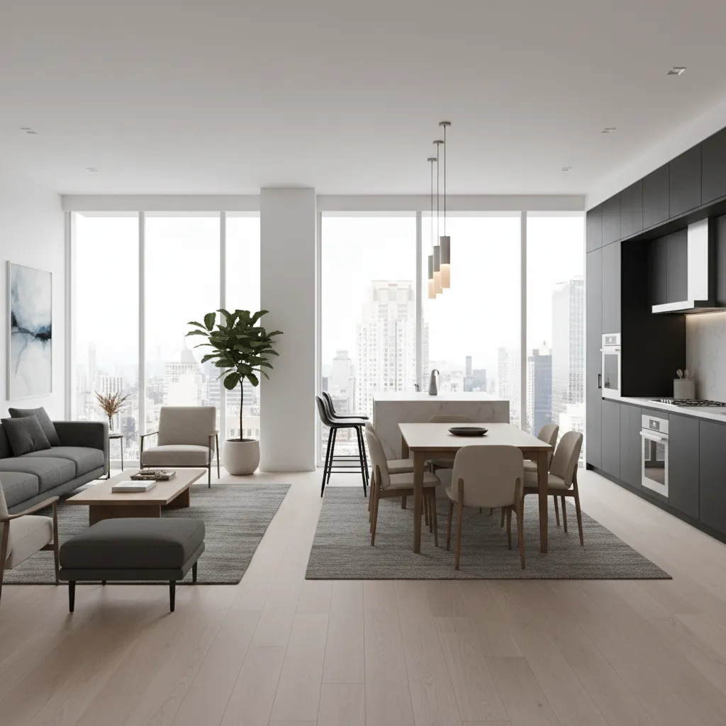 Open living dining kitchen layout in a modern 2 BHK apartment
