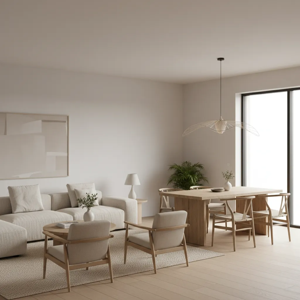 Open living dining room with neutral paint palette and cohesive interior styling