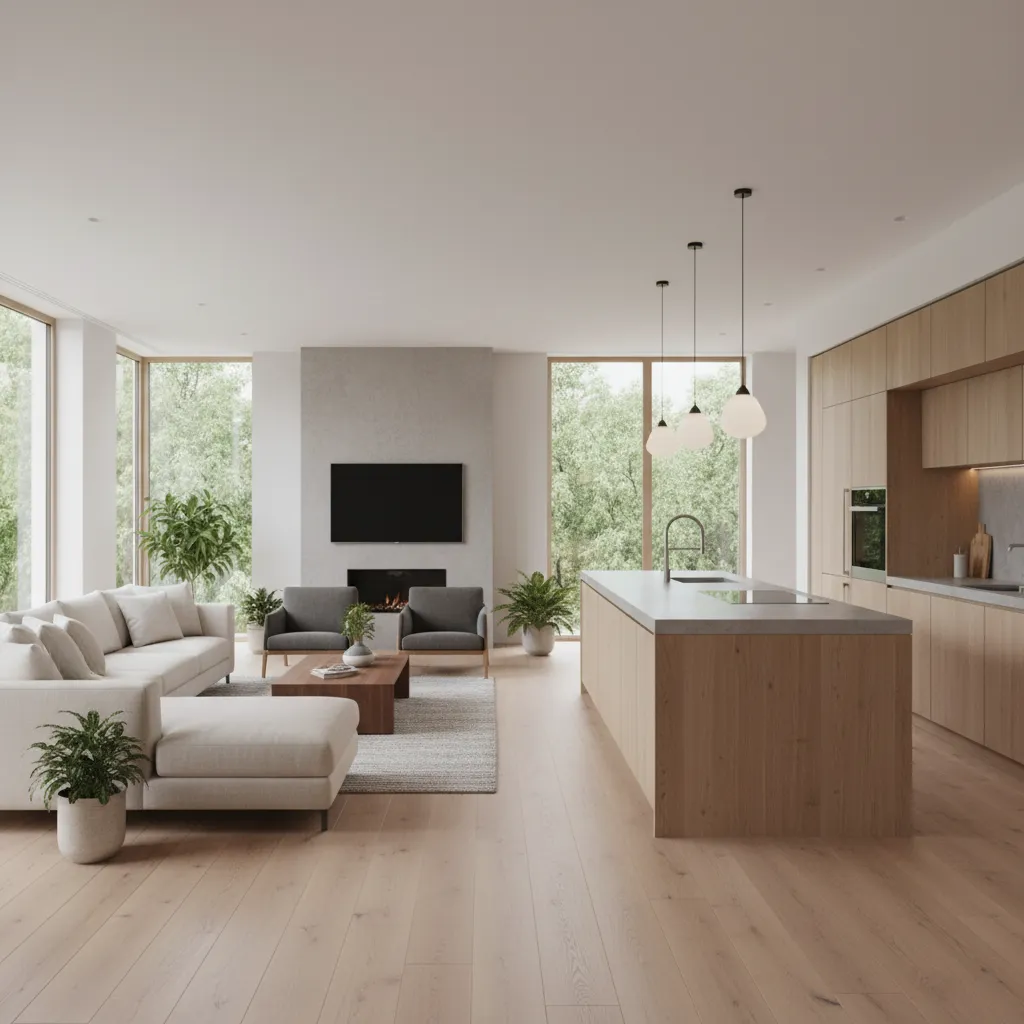 Salón y cocina abierta en una casa moderna de 100 metros cuadrados