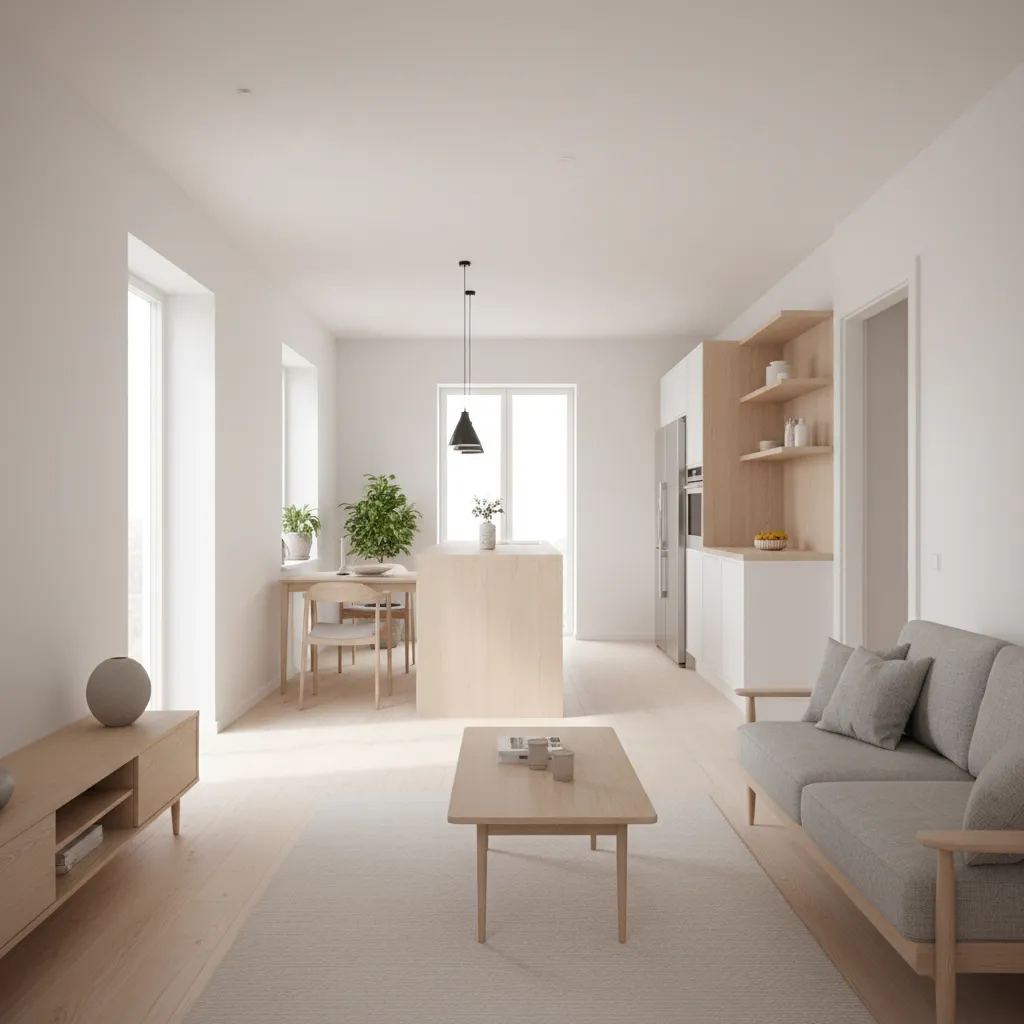 không gian phòng khách bếp liên thông nhà 6x15