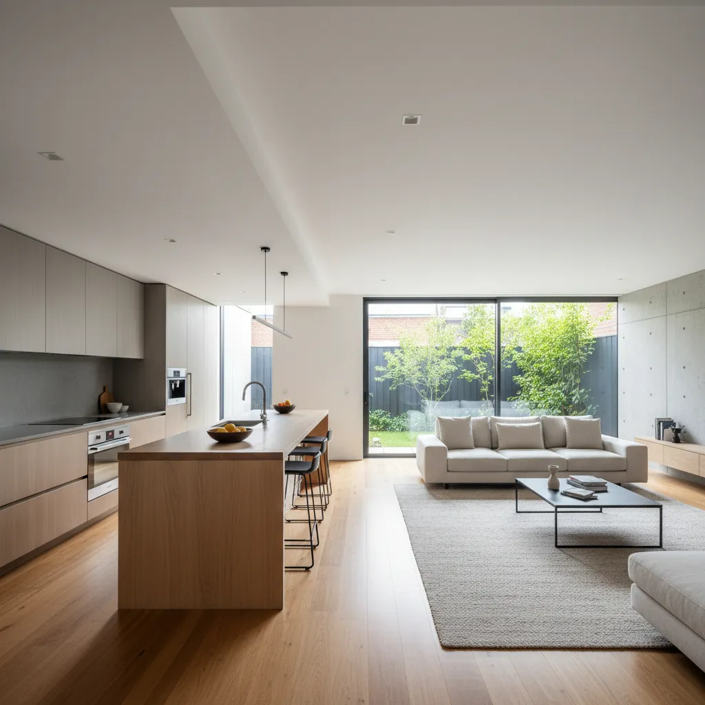 không gian phòng khách và bếp liên thông trong nhà cấp 4