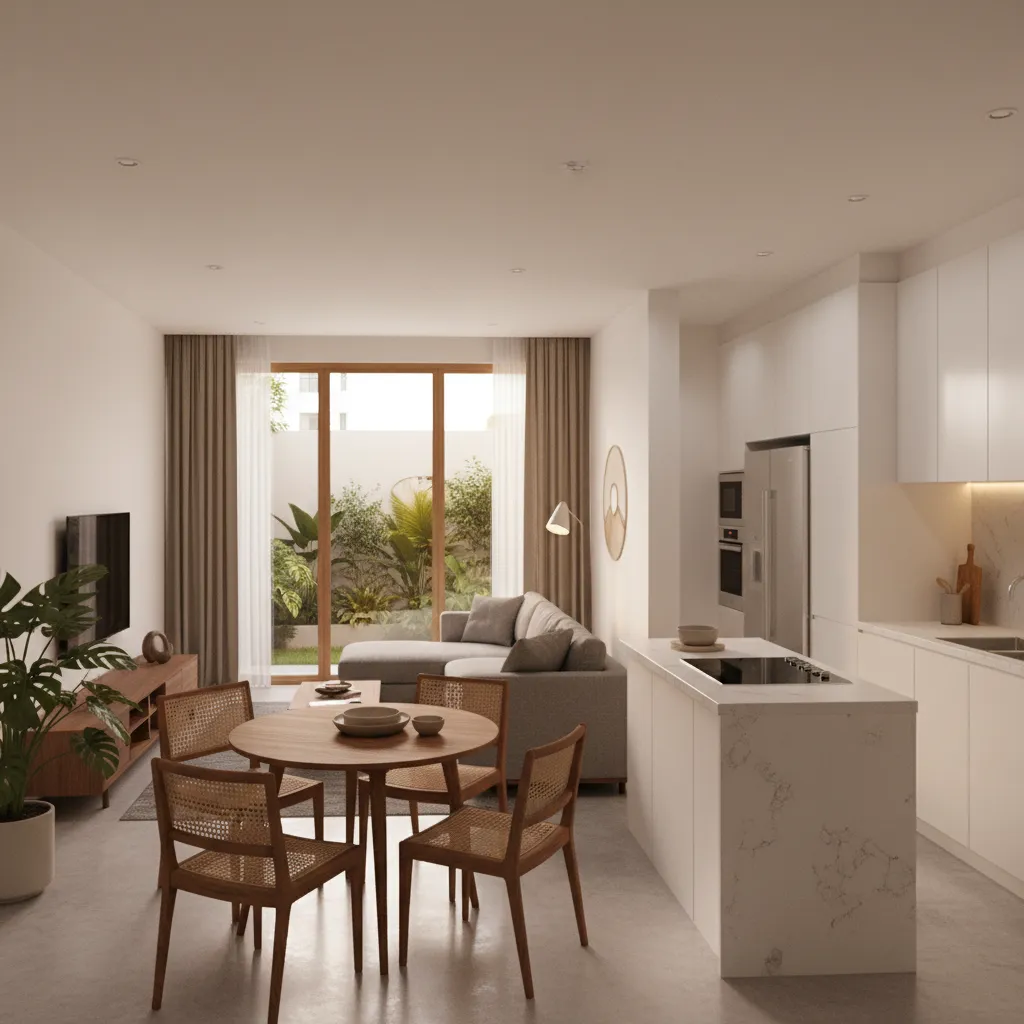 Modern living room featuring round wooden dining table, grey sofa, white kitchen, and large window